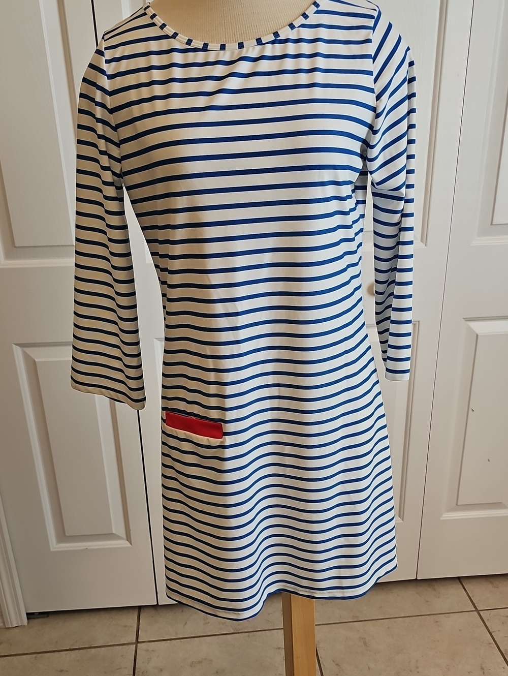 Cabana Life Striped Boatneck Dress with Red Accent - White & Blue. Meduim